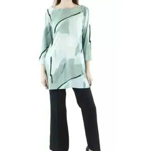 Alfani Elements Watercolor Tunic Blouse Green shades Black lines size S NWOT